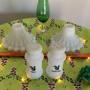 AnchorHocking BerwickBoopie Candle Holders/Hazel Atlas Rooster Salt&Pepper Shkrs